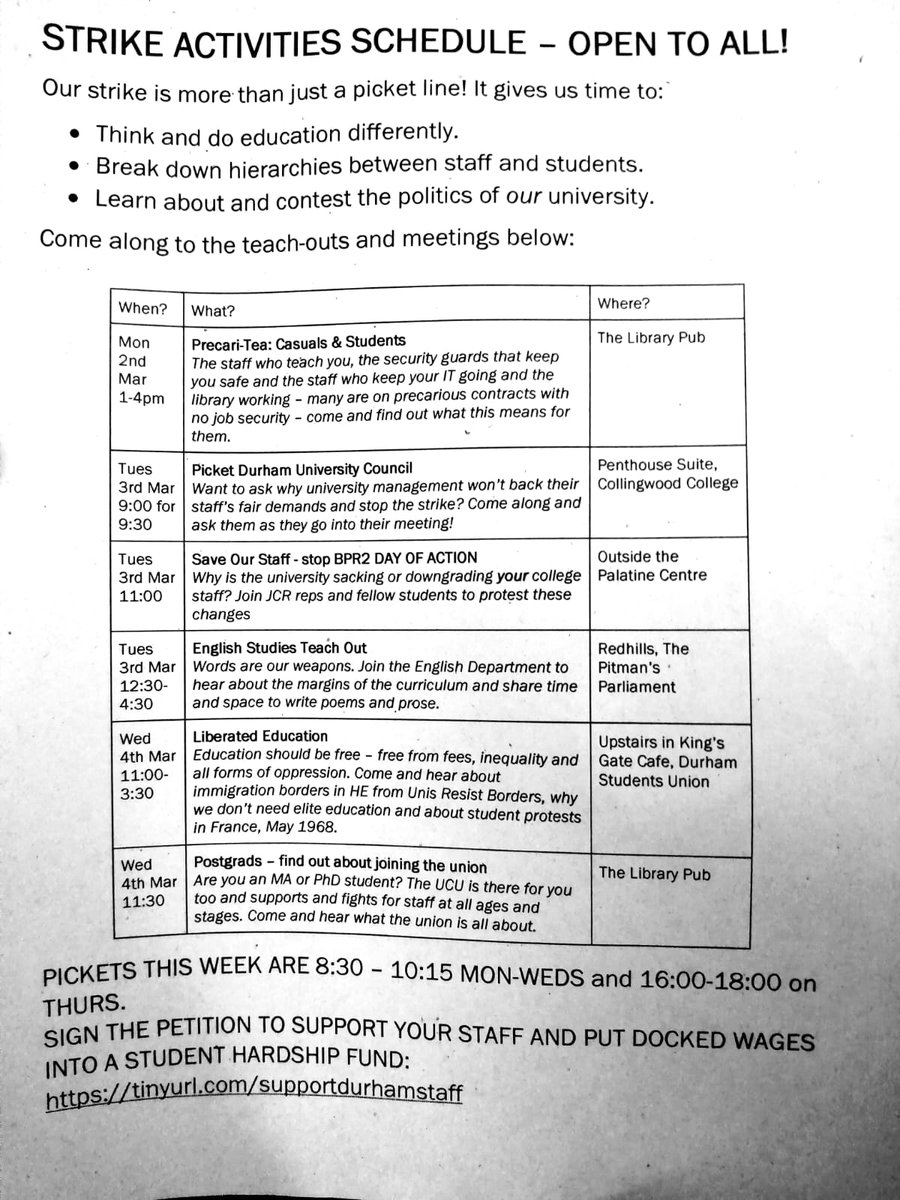 ucuatdurham's tweet photo. Picket and teach-out plans for this week 👇 #Durham #FourFights #UCUStrikesBack https://t.co/hAIMB1w8tK