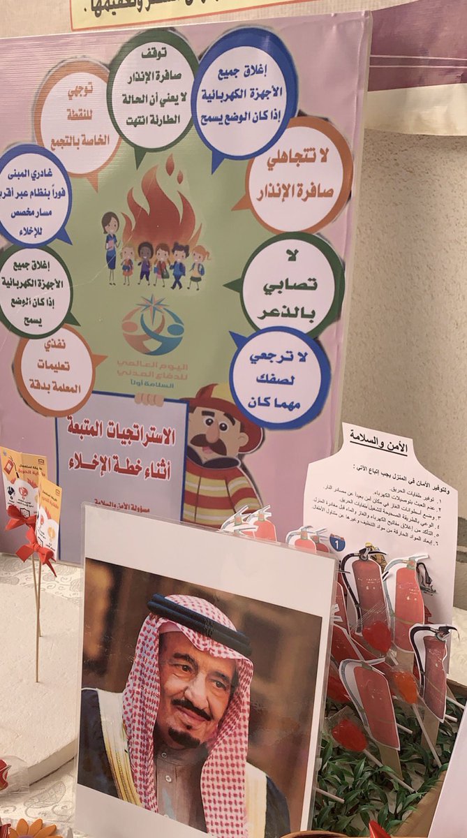m2m20302's tweet photo. فعلت م/٢بالخرج الاثنين ١٤٤١/٧/٧هـ اليوم العالمي للدفاع المدني تحت شعار (السلامة اولا)بإشراف قائدة المدرسه أ/حصه ال مسعود ومسؤوله الامن أ/هدى الدبل وتم تنسيق ركن بهذه المناسبه #تعليم_الخرج #الدفاع_المدني https://t.co/Pq6D0ptuJ1