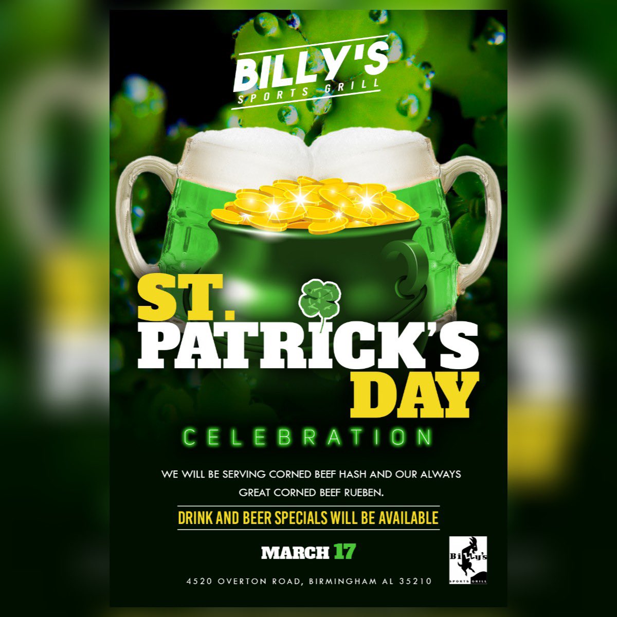 Calling all leprechauns!!!

#billyssportsgrill #feedyourgoat #stpattysday #leprechauns #fourleafclover #irish #shamrock #green #potofgold