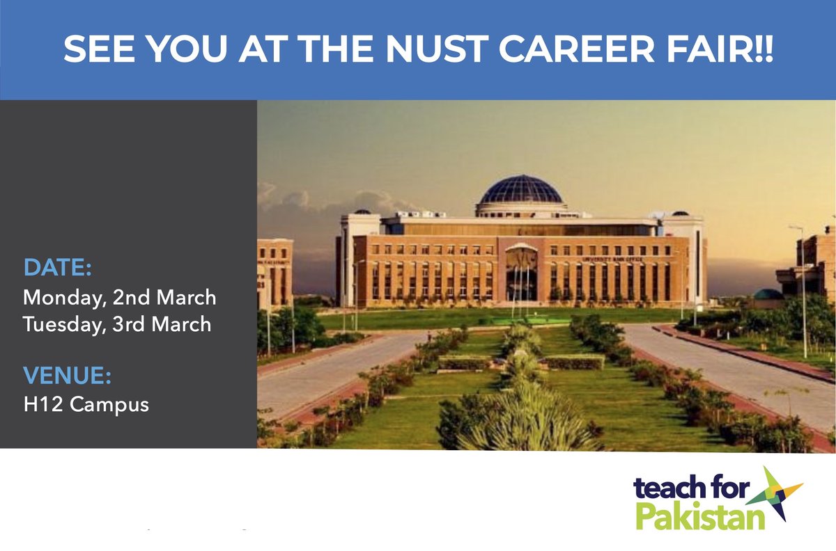teachforpak's tweet photo. Teach For Pakistan is excited to be participating in the NUST Job Fair, 2020! Don’t miss the chance to meet our recruiters on both the 2nd and 3rd of March at the H12 Campus.

@Official_NUST 
#TeachForPakistan
#NustJobFair https://t.co/gUDBQEunAG
