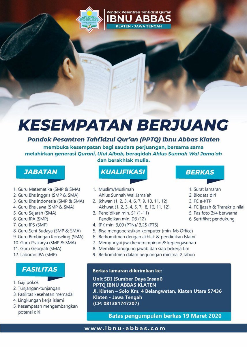 ibnuabbasklaten's tweet photo. Kesempatan berjuang dan berkarir bersama PPTQ Ibnu Abbas Klaten
#ibnuabbasklaten #ibaska #smpitibaska #smaitibaska #kmiibaska #kuttabibaska #mahadalyibaska #psb #psbibaska #psbibnuabbasklaten #bertabur #bintang #prestasi #bertaburbintang #santriasyik #yukmondok #santri #umrah https://t.co/3XQif9xXsN