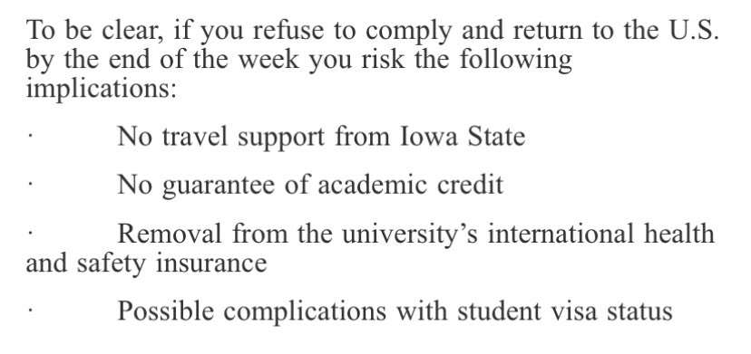 Drew_Simon_'s tweet photo. Please realize @IowaStateU claims to be supportive, but if we cannot find a flight out of the country by the end of the week they are STRANDING us, and threatening our STUDENT VISA. They sent us an email telling us to go home Saturday. Still no news about ANY refund. https://t.co/ZwI8FPfDQs