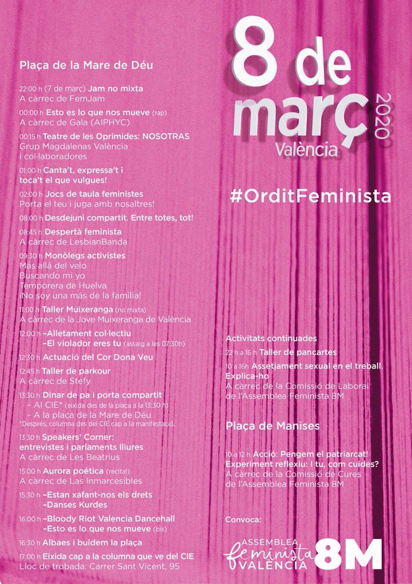 AssembleaVlc's tweet photo. 📣Ja estan preparades totes les accions i activitats per a l'ocupació de la plaça de la Mare de Déu del #8M2020📣

A la plaça, juntes, teixim la revolució!
Els carrers són nostres! Mai més soles! 
Som #OrditFeminista! 
💜✊🏿✊✊🏼

Que córrega la veu! 
#ResistènciaFeminista https://t.co/3DokEnMyI2
