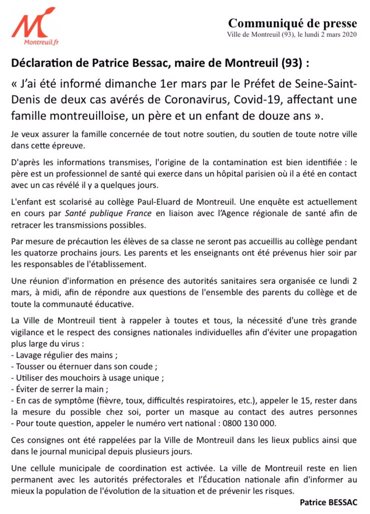 Patrice Bessac On Twitter J Ai Ete Informe Par Le Prefet De Seine Saint Denis De Deux Cas Averes De Coronavirus Covid 19 Affectant Une Famille De Montreuil Un Pere Et Un Enfant De 12 Ans