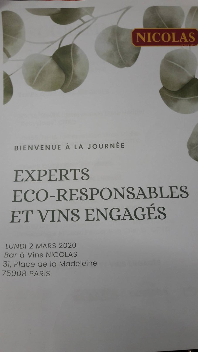 Aujourd'hui, quelques cavistes Nicolas participent à la journée "experts éco-responsables et vins engagés".
Au programme : intervention d'experts et de professionnels, dégustation de vins bio, HVE, Terra Vitis etc... et déjeuner avec accords mets/vins ! 
#rse #lesvinsnicolas