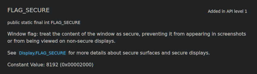 Android has a built-in feature to prevent apps from recording/screenshotting secure screens for ages.Since API level 1(1.0/Sept 2008)  https://developer.android.com/reference/android/view/WindowManager.LayoutParams#FLAG_SECUREand since API Level 17 (4.2 / Nov 2012.) allows apps to check if the display is really secure. https://developer.android.com/reference/android/view/Display#FLAG_SECURE