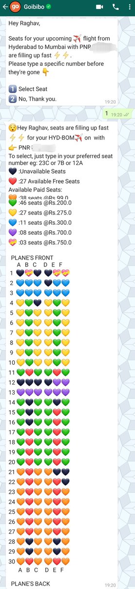 impactology's tweet photo. Seat selection from WhatsApp itself! This is brilliant!! Extremely impressed @goibibo Kudos to the design team for conceptualizing this idea! @goibibo_tech https://t.co/GfH9HuNddQ