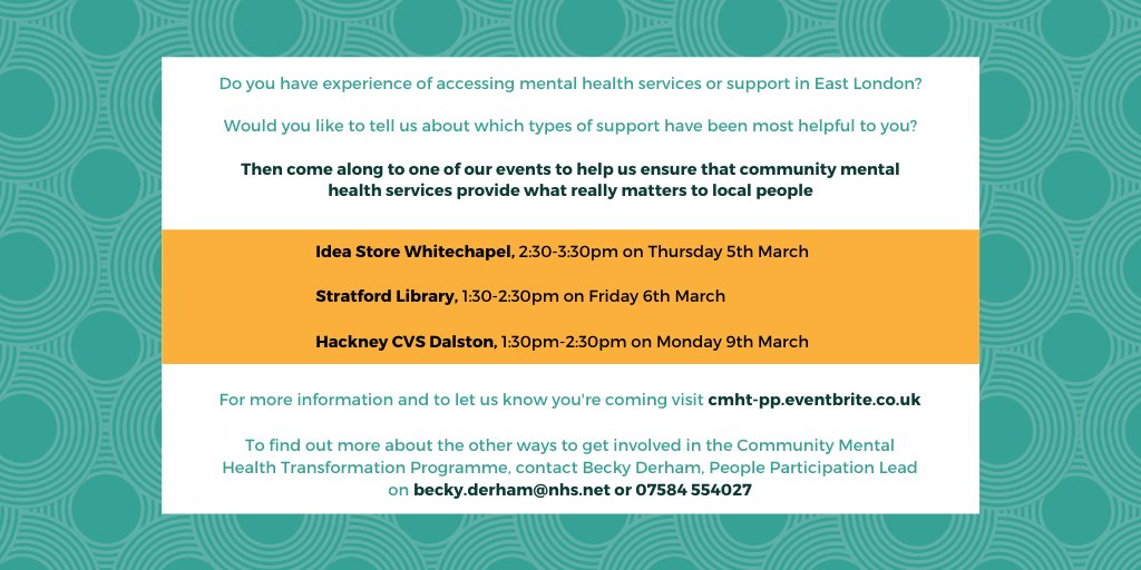 beckyd3rham's tweet image. Have you used #mentalhealth services in E London &amp;amp; would you like to share what's been most helpful to you? Then come along to an event in Whitechapel, Stratford or Dalston to help us ensure that community services provide what really matters to local ppl tinyurl.com/tv4qglv