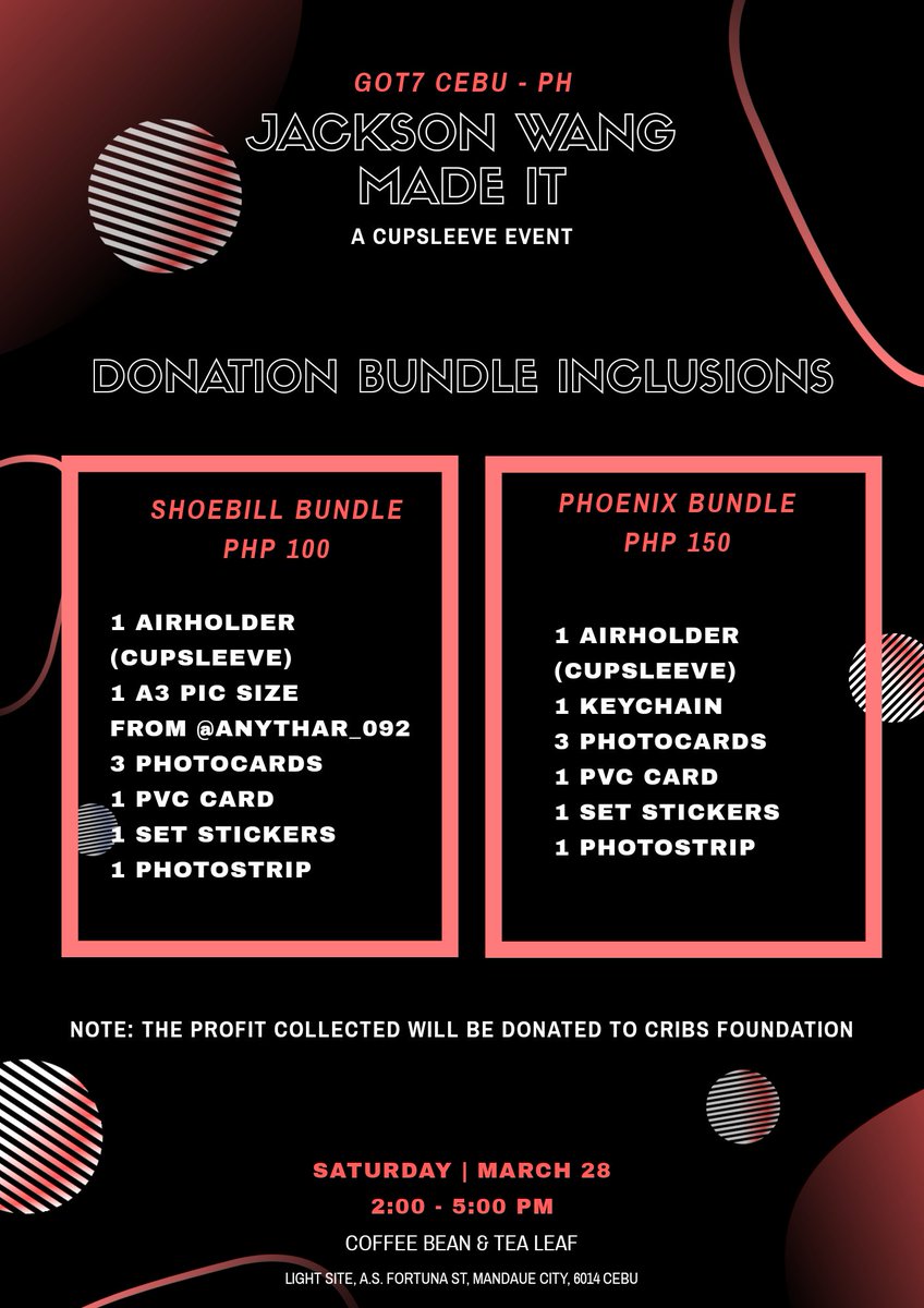 gotsvnceb's tweet photo. JACKSON WANG MADE IT: A Birthday Cupsleeve Event for the benefit of CRIBS Foundation, Inc.

🗓:  March 28, 2020 
🕞: 2:00-5:00 pm
📍: Coffee Bean &amp; Tea Leaf
(Light Site, A.S. Fortuna St, Mandaue City, 6014 Cebu)
Reg Form: https://t.co/CbrpO7IzxD https://t.co/sksvv2pa9A