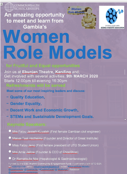 RoleOur's tweet photo. #TheGambia’s youths in higher research and education institutes are invited to a @commschols supported conference in collaboration with UTG-SSA (@ScienceUtg); featuring talks from #WomenRoleModels in leadership positions #Eachforequal. 9th of March 2020 at Ebunjan theatre. https://t.co/RzjnGUtcBd