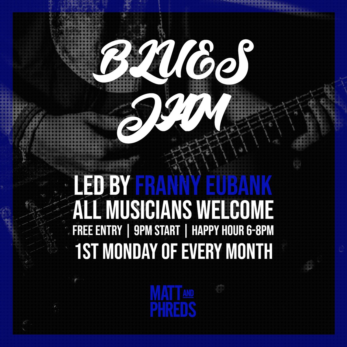 MattandPhreds's tweet photo. TONIGHT it's the Blues Jam! Our resident band will jam the night away with players of any standard, so bring your guitars, mouth organs, sticks or vocal cords and play the blues. #HappyHour 6-8pm #Jam 9pm #FreeIn #LiveMusic #Manchester https://t.co/lO9njt23ih