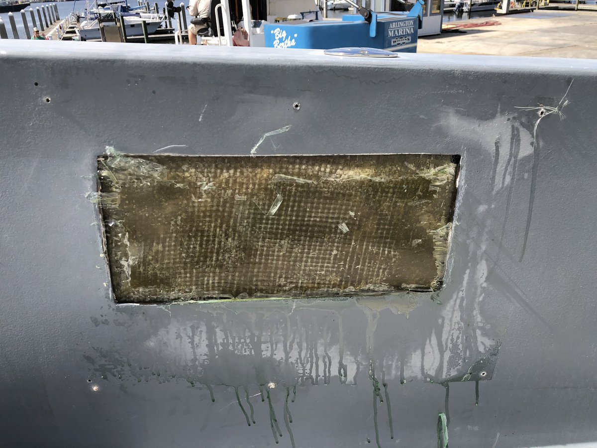 Thisoldhatteras's tweet photo. @NFMS14 has been busy on @Thisoldhatteras the massive holes have been filled with polyester resin and @westmarine glass then filled and faired with @total_boat that Andy @BoatworksToday recommended. #MondayMotivation #mondaythoughts #MondayMorning #March2020 #DIY #boat #yacht https://t.co/gxrYDNW0VQ