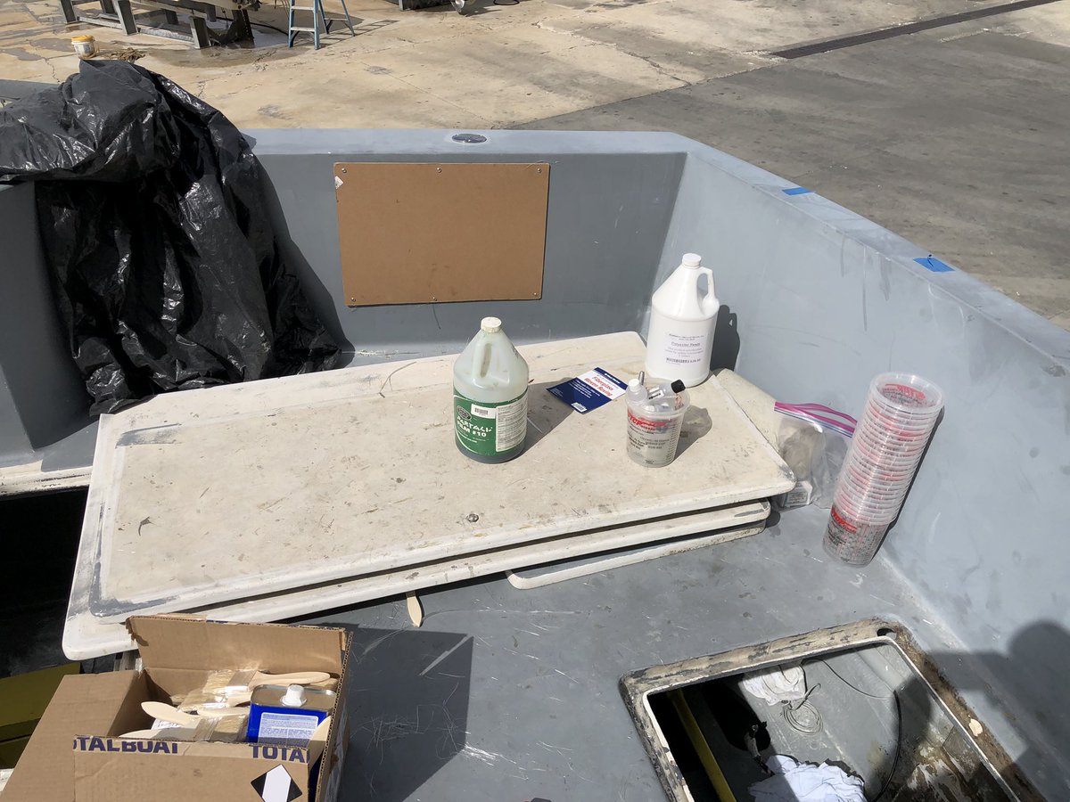 Thisoldhatteras's tweet photo. @NFMS14 has been busy on @Thisoldhatteras the massive holes have been filled with polyester resin and @westmarine glass then filled and faired with @total_boat that Andy @BoatworksToday recommended. #MondayMotivation #mondaythoughts #MondayMorning #March2020 #DIY #boat #yacht https://t.co/gxrYDNW0VQ