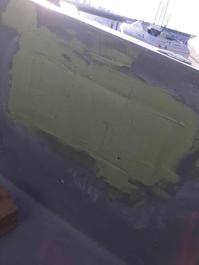 Thisoldhatteras's tweet photo. @NFMS14 has been busy on @Thisoldhatteras the massive holes have been filled with polyester resin and @westmarine glass then filled and faired with @total_boat that Andy @BoatworksToday recommended. #MondayMotivation #mondaythoughts #MondayMorning #March2020 #DIY #boat #yacht https://t.co/gxrYDNW0VQ