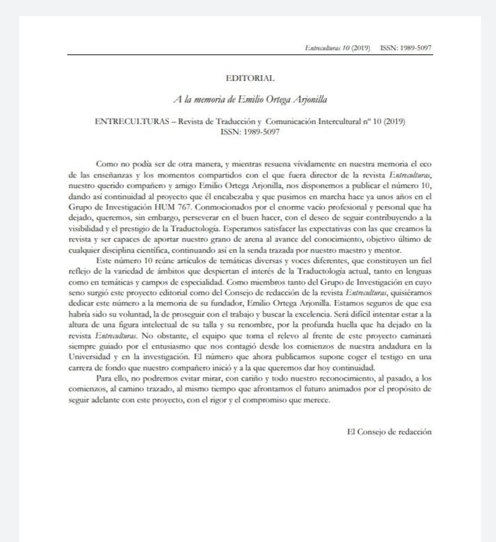 Acaba de salir el número 10 de la revista Entreculturas. Dedicado a la memoria de Emilio Ortega Arjonilla. entreculturas.uma.es