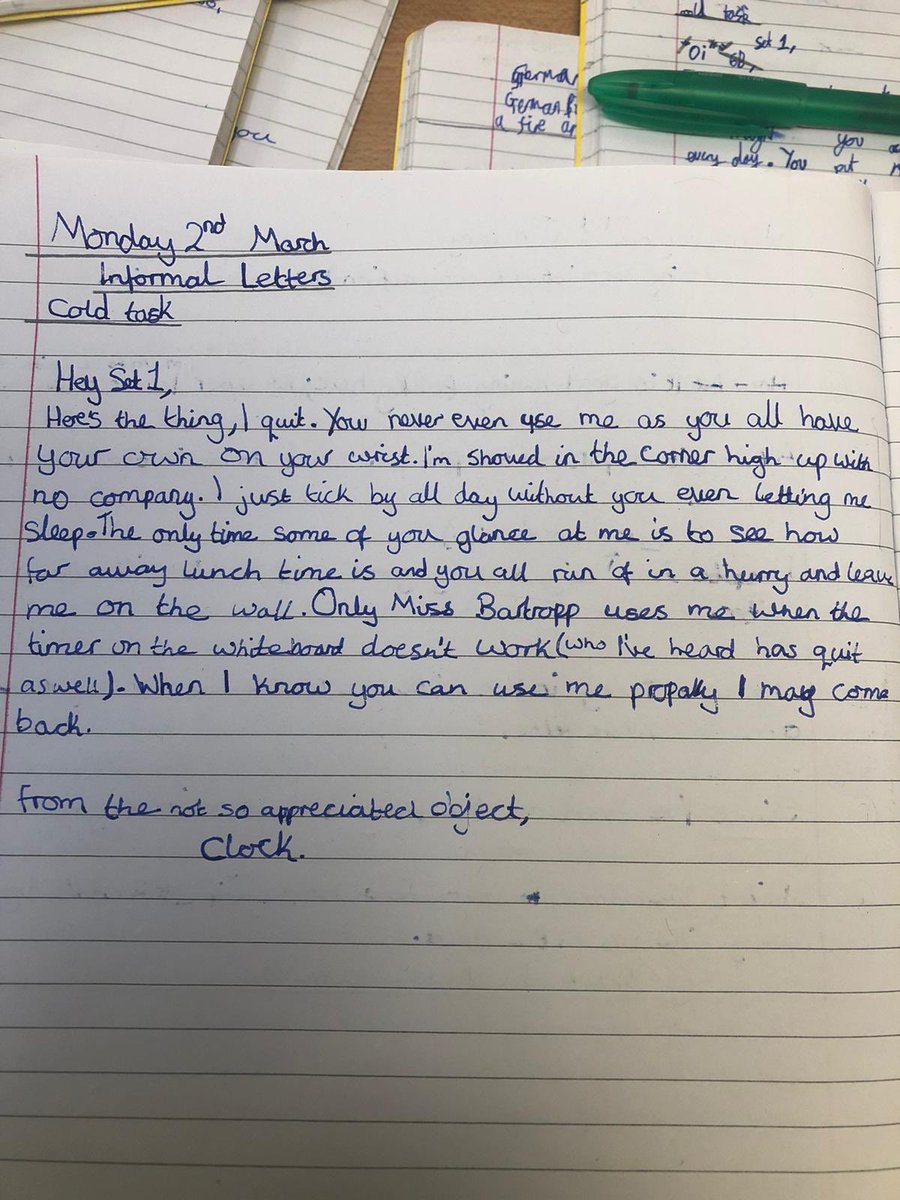 GXSchool's tweet photo. Year 6 were shocked this morning to find that several classroom objects have quit! The objects left notes to explain why. We used their letters to write our own. #behavioursforlearning #curiosity https://t.co/ypoeQKJ9yd