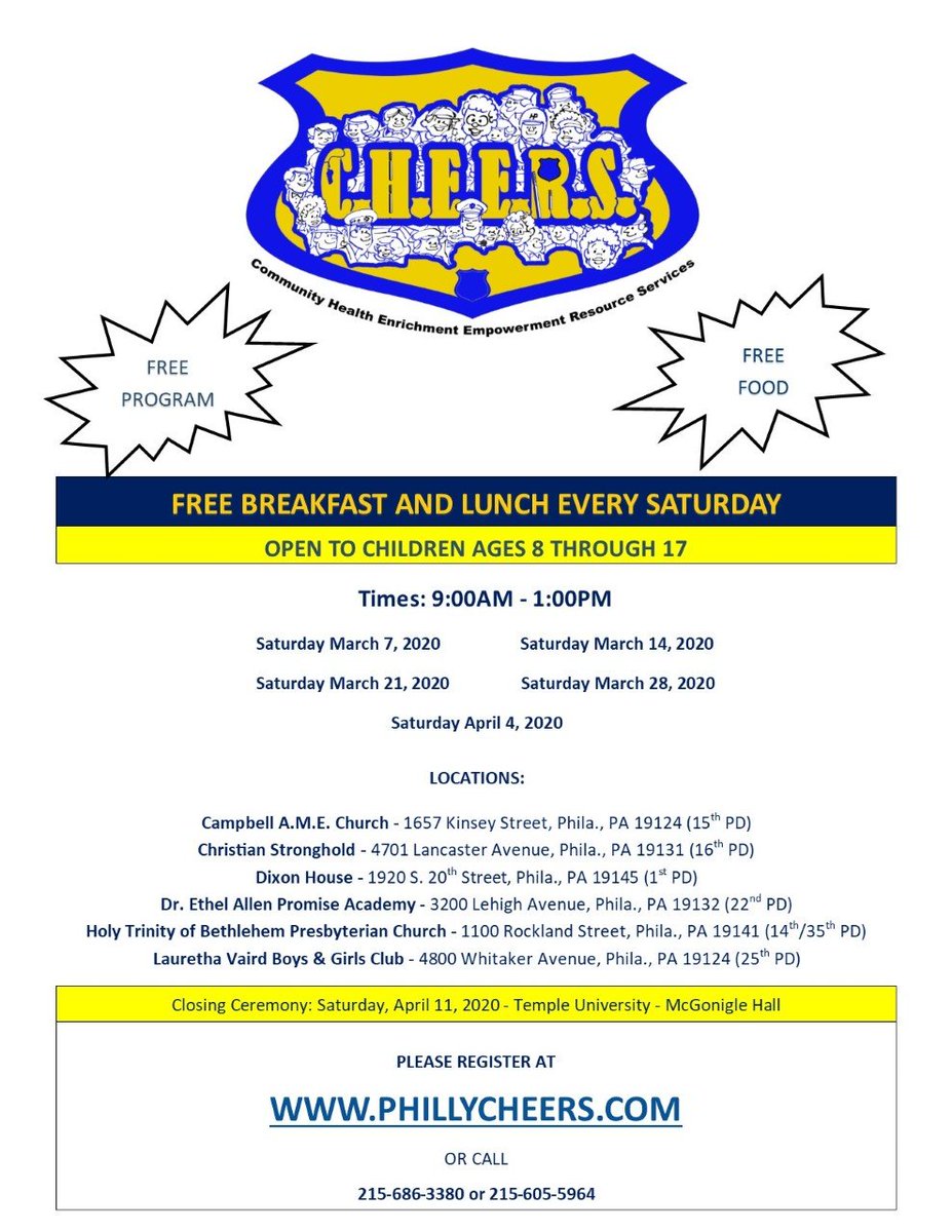 PPDVictmSrvcs's tweet photo. CHEERS IS BACK!!  Beginning this Saturday, March 7, at locations across the city, CHEERS is FREE to kids ages 8-17, and includes FREE breakfast and lunch!  Programs run every Saturday, 9am-1pm, until April 4.  Questions?  Call us at 215-686-3380.  @PhillyPolice https://t.co/dDK4L6Tpmr