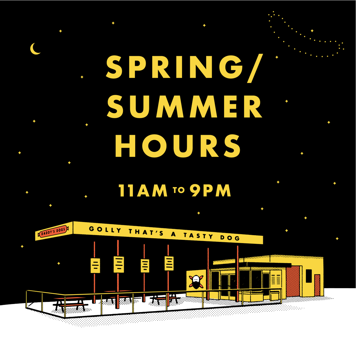 DaddysDogsNash's tweet photo. SPRING HOURS START TODAY!!!
COME FOR LUNCH, COME BACK FOR DINNER!!!
Come hang out at our shop in the Nations. Check out our new patio, or grab some dogs to take home, we'll be open til 9pm!
#daddysdogs #hotdog #springhours #patiotime #nashville #dinner #gollythatsatastydog https://t.co/hSWMJTmbfJ