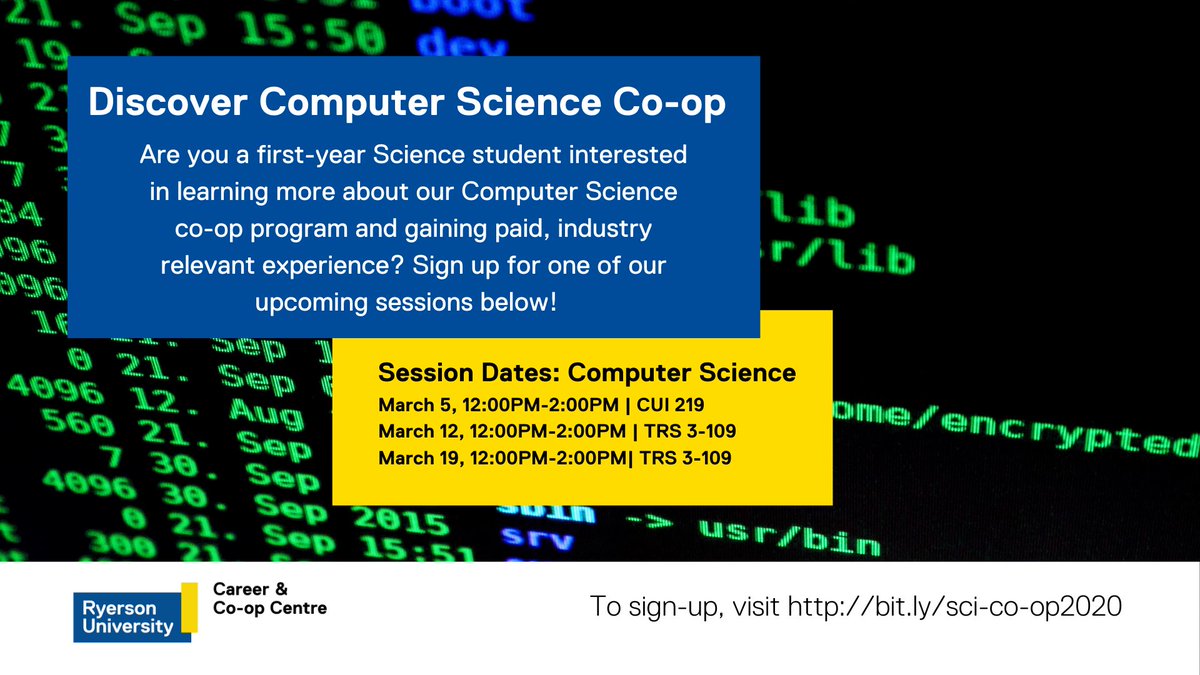 ATTN Computer Science students! Our Apply to Co-op Discovery sessions start this week! Join an upcoming session to learn about how you can gain 16-20 months of professional experience in your field as part of your academic degree. Sign up at bit.ly/sci-co-op2020 <a href="/RyersonSci/">RyersonSci</a>