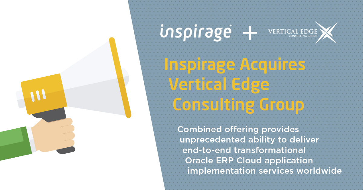 Inspirage acquires Vertical Edge Consulting, further strengthening our position as a leader in Oracle ERP Cloud implementation services​. Read the full press release here ow.ly/OqBn50yyWmw