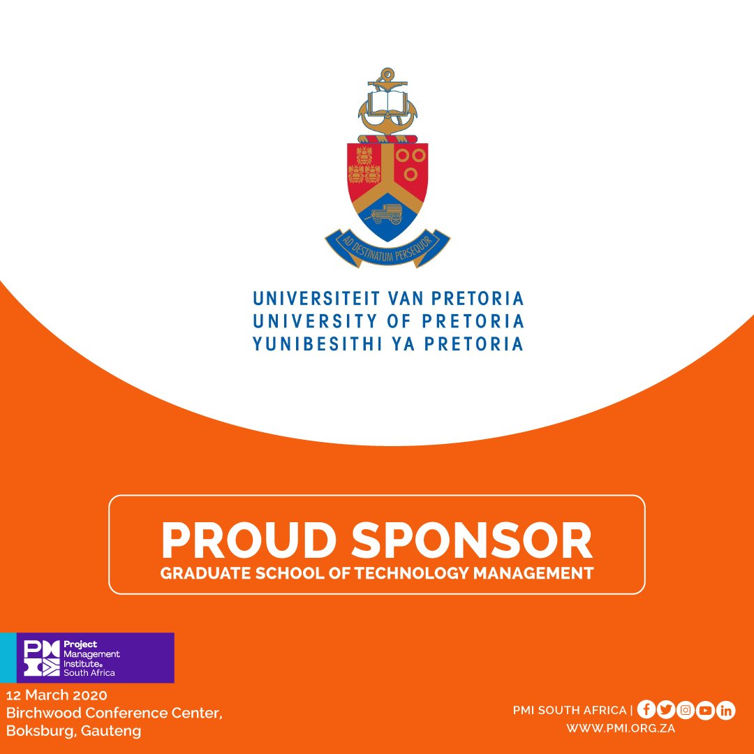 PMISouthAfrica's tweet photo. We are proud to have the University of Pretoria @Tukkies on board as a Proud Sponsor for the PMSummit on the 12th of March 2020.
____
#PMSUMMIT2020 #PMISouthAfrica #Innovation #technology #Agility #Digitalization #pmpcertification #artificialintelligence https://t.co/vpTqMdGgv4