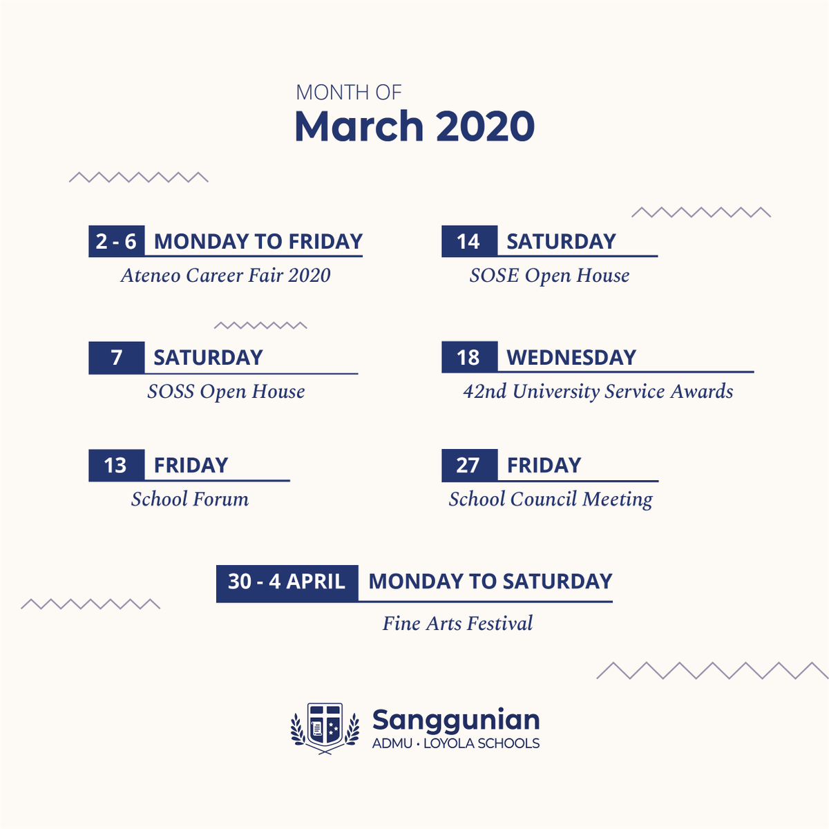 Hey, Ateneans!

Please take note of these important dates in March 2020.

Note that the School Forum and School Council are monthly administrative meetings and do not affect class schedule.

See you all around this March!

#OurSanggu