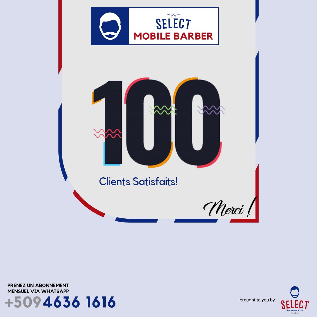 Selectbarberht's tweet photo. Nous avons atteint la barre de 100 clients abonnés et récurrents en moins d’un mois! Merci d’avoir fait confiance à #SelectBarber.

Rejoignez le club des clients satisfaits en confirmant pour le mois de Mars un abonnement mensuel via whatsapp +50946361616. 
#Haiti https://t.co/9MjclH7Lkg