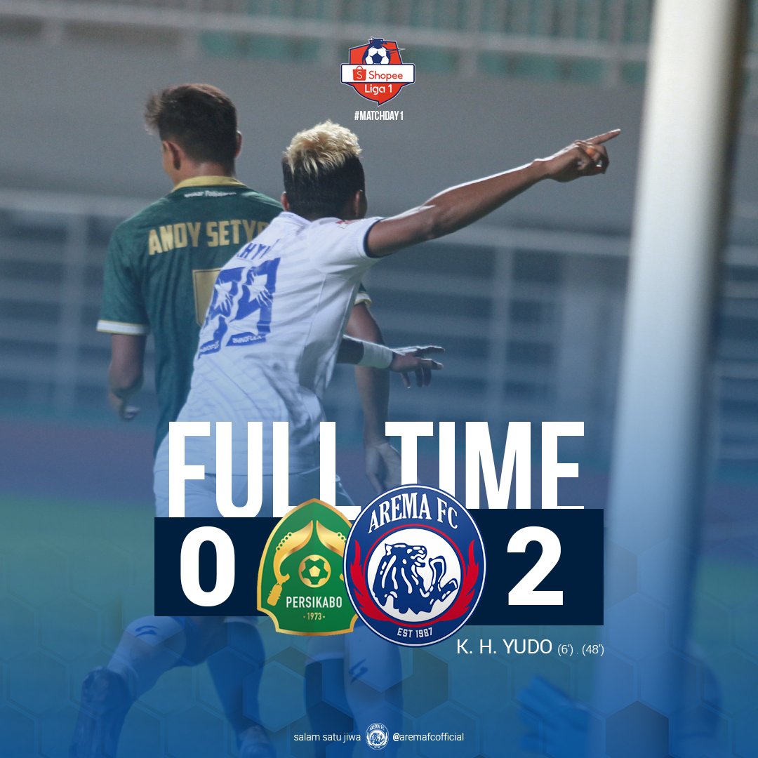 FULL TIME
Persikabo 0-2 Arema FC
.
Persikabo
⚽ -
Arema FC
⚽ Yudo 6' . 48'
.
.
#aremafc #aremania #singoedan 
#spiritofunity #shopeeliga1