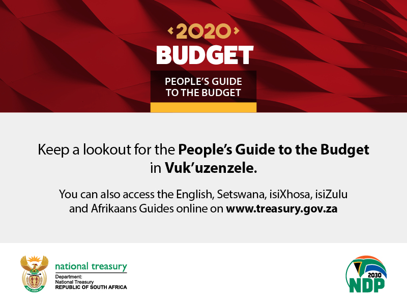 GovernmentZA's tweet photo. In February of each year, the @TreasuryRSA Minister @tito_mboweni tables the national budget announcing government’s spending, tax &amp; borrowing plans for the next three years. Keep a lookout for the #PeoplesGuide to the #Budget2020 in the @VukuzenzeleNews  https://t.co/5trGjBYMoY https://t.co/oF7fyfcFWd