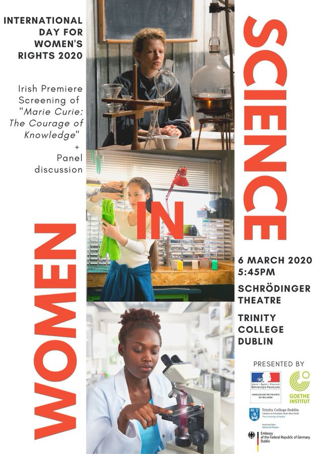 🇫🇷 &amp; 🇩🇪 Embassies and <a href="/GI_Irland/">Goethe-Institut Ireland</a> celebrate <a href="/womensday/">Women's Day</a>! Join us on March 6 <a href="/tcddublin/">Trinity College Dublin</a> for:

🎬 the screening "Marie Curie - the courage of knowledge"
💬 a panel discussion with women in research 

🎫 Free tickets ➡️ eventbrite.ie/e/women-in-sci…

#GenerationEquality #GenerationEgalite