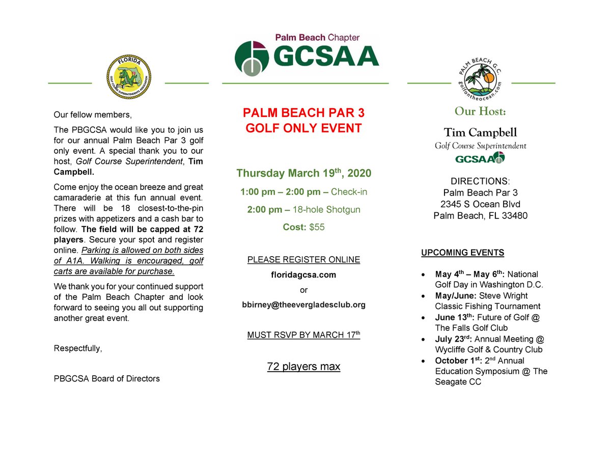 We are just about 2 weeks away from our Palm Beach Par 3 event set for March 19th - 2:00 pm Shotgun. Register now @ floridagcsa.site-ym.com/events/EventDe… or RSVP to bbirney@theevergladesclub.org