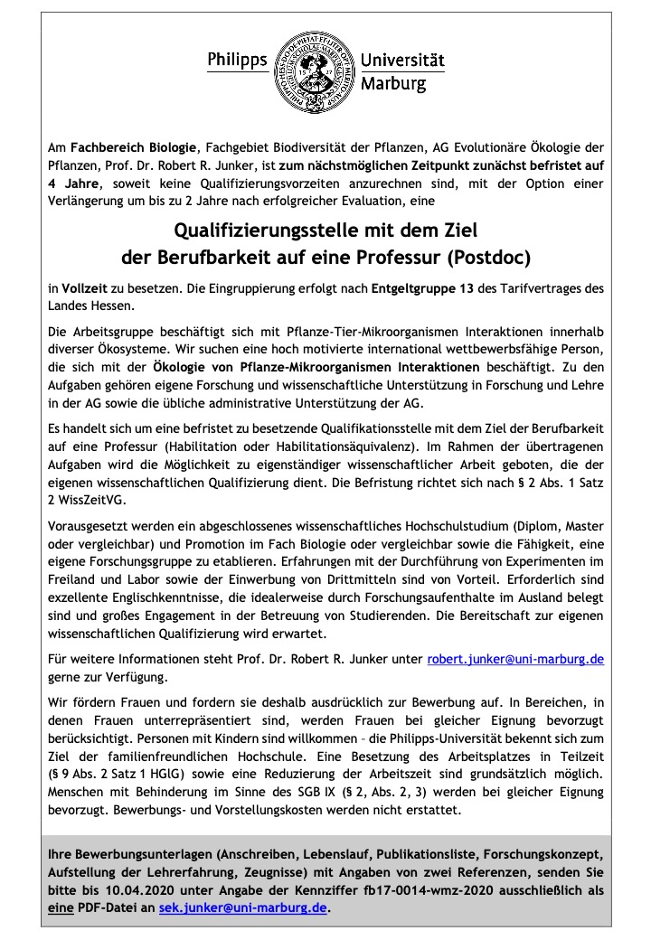 Ich suche eine wissenschaftliche Assistentin / ein wissenschaftlichen Assistent mit Interesse an dem Aufbau einer eigenen Forschungsgruppe (4 + 2 Jahre) und an der „Ökologie von Pflanze-Mikroorganismen Interaktionen“. <a href="/Uni_MR/">Philipps-Universität</a>  Bewerbung bis zum 10. April 2020. Bitte teilen!