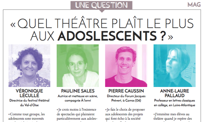 MagTheatres's tweet photo. Quel #théâtre plait le plus aux #adolescents ? Des #professionnels du secteur donnent leur avis dans le dernier numéro de Théâtre(s) 
👉https://t.co/TKJCmnFWfV
#SpectacleVivant #Culture #Jeunesse https://t.co/zsEkvGRwXr
