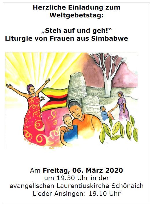 EvangKirche's tweet photo. Weltgebetstag am Freitag, 06. März 2020 um 19.30 Uhr in der Evang. Laurentiuskirche in Schönaich. Um 19.10 Uhr beginnen wir mit dem Ansingen der Lieder. Frauen aus Simbabwe haben die Liturgie erstellt unter dem Thema: "Steh auf und geh!“. Sie sind herzlich eingeladen zum WGT https://t.co/ZMFTLVWkku