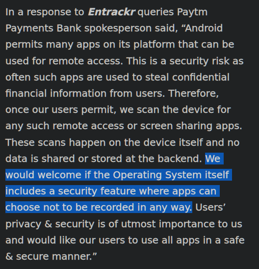 And  @Paytm  @PaytmBank spokesperson defends their app snooping on their customers in the most absurd way possible by blaming  @Google  @Android. And in the process shows off their ceaselessness and ignorance about Android's privacy /security features. https://entrackr.com/2020/03/why-is-paytm-flagging-teamviewer-zoom-apps-as-threat/