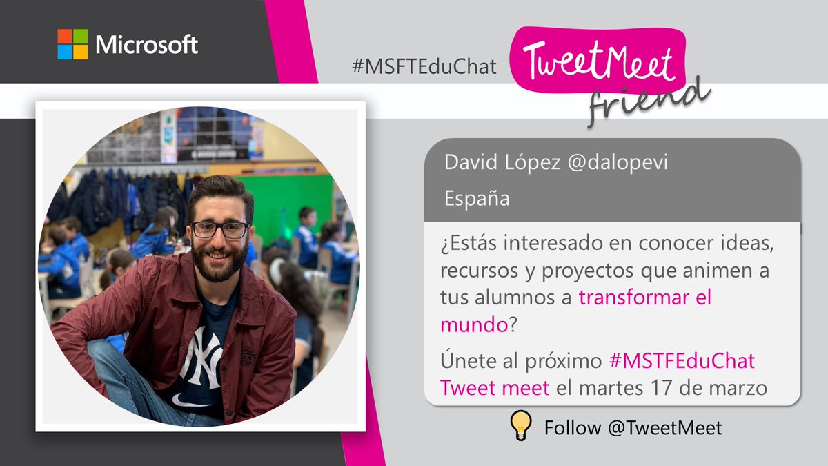 dalopevi's tweet photo. 📣 Martes 17 de marzo 🗓️

¡Súper emocionado por participar en el @TweetMeet 
 #MSFTEduChat de este mes! 

🗺️¿Cómo podemos cambiar el mundo?🧭

En este #ClaustroVirtual hay grandes docentes que tienen mucho que decir sobre el tema.

#MicrosoftEdu #Changemakers #TweetMeetES https://t.co/9p5ZcZzUXX