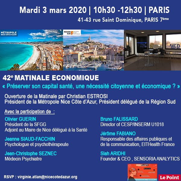 📣 La 42e #MatinaleEco de la Maison MNCA &amp; Région Sud c'est demain dès 10h30 ! Ne manquez pas ce RDV Parisien dédié à la thématique de la #santé et des #neurosciences 🧠 Inscription 👉 virginie.atlan@nicecotedazur.org