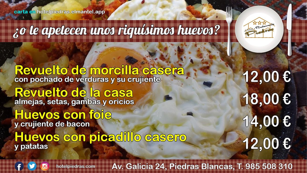 Menú 👩‍🍳 lunes 2/3/2020 ▶️ 10,00€
PRIMEROS
Cocido de garbanzos
Patatas rellenas de atún
Macarrones con champiñones en salsa de boletus
SEGUNDOS
Salmón a la plancha
Albóndigas en salsa
INCLUYE
Postre casero, pan, bodega
🚗 goo.gl/maps/TTFf94Ga4…
#menupiedras
#menuaviles