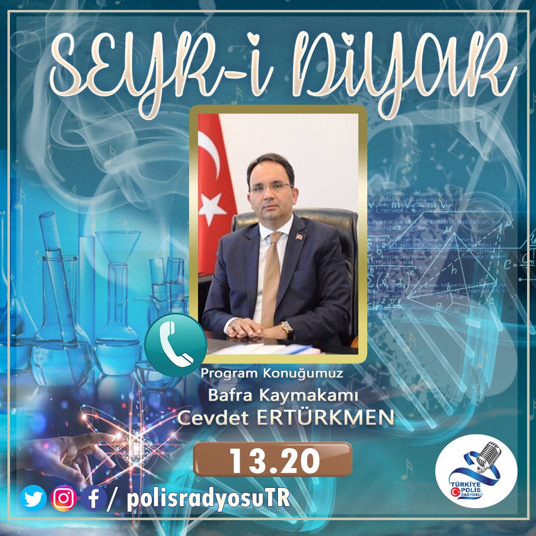 Bugün Seyri Diyar programında Bafra Kaymakamı Sn. <a href="/CevdetErturkmen/">Cevdet Ertürkmen</a> ile saat 13.20 de canlı telefon bağlantısı gerçekleştireceğiz.
<a href="/TC_icisleri/">T.C. İçişleri Bakanlığı</a> <a href="/TCSamsunValilik/">T.C. Samsun Valiliği</a> <a href="/bafrakaymakam/">Bafra Kaymakamlığı</a>