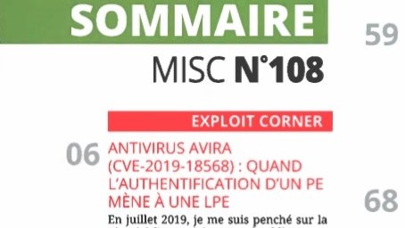 _Homeostasie_'s tweet photo. [CVE-2019-18568] Happy to see my article on #MISCmag N°108. When the #Avira #PE authentication leads to a #LPE. Vulnerability analysis into a #kernel #driver and exploitation of an Integer Overflow leading to a Pool Overflow. An english write-up is coming.
Bonne lecture! ;-) https://t.co/MwRcDqtuSJ