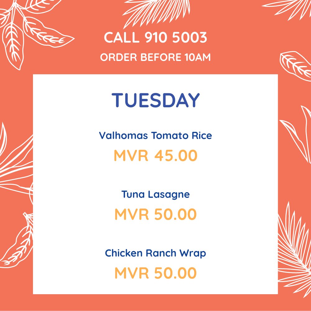 hanakaanaa's tweet photo. Here are our menus forTuesday. Have we got what you like?
.
Call, Text, Viber or Telegram 9105003 to order ๐
.
#GoathiFood #lunch #homemade #homemadelunch #food #eat #tasty #instafood #yummy #Maldives #Tuesday #rice #eathealthy #menu #lasagne #salad #wrap #coleslaw https://t.co/V58V9Vr51I