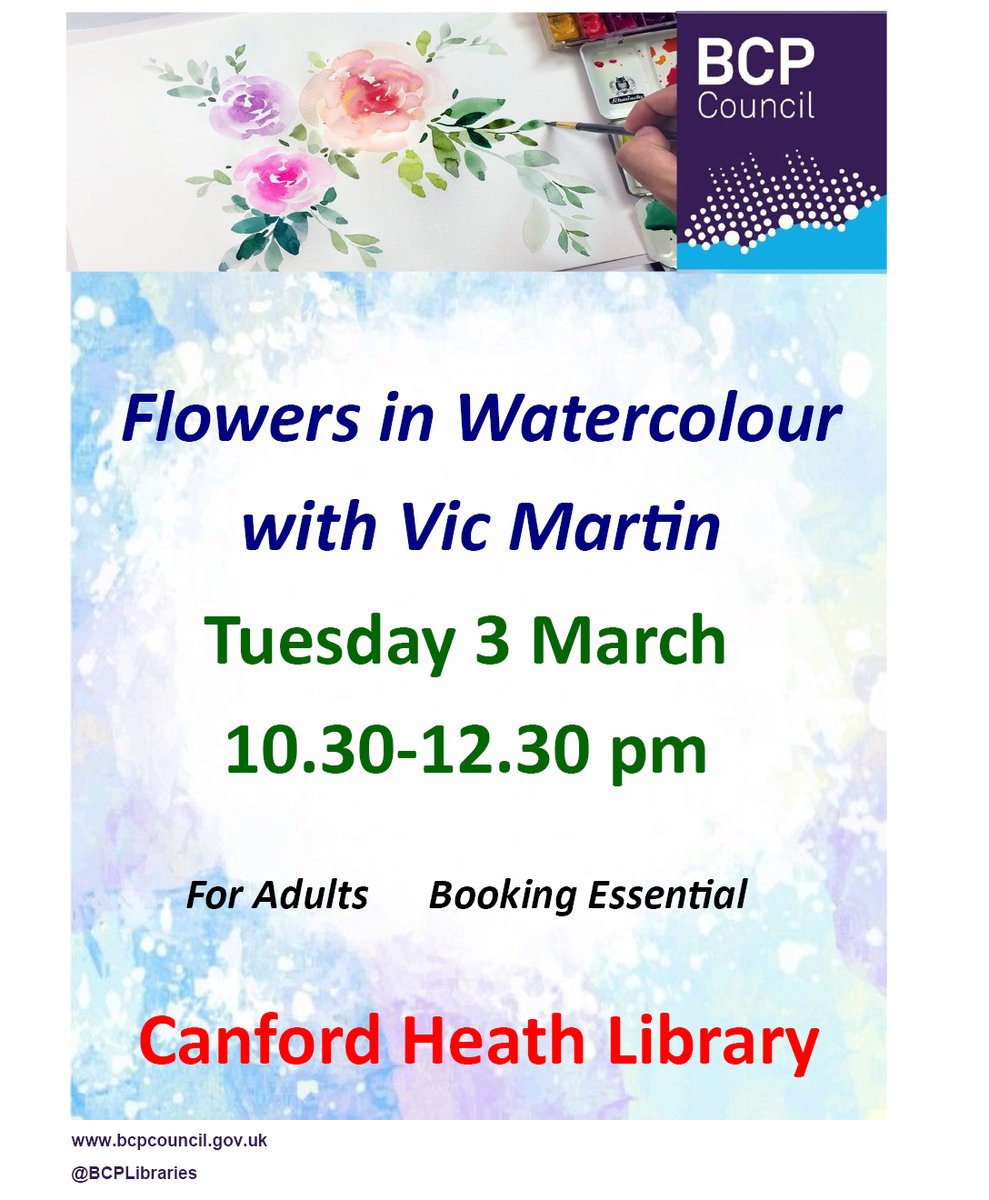 Join Vic Martin in the Library tomorrow (3rd March 2020) for 'Flowers in Watercolour,' art for adults. Booking through the Library is essential #ARCH #CanfordHeath