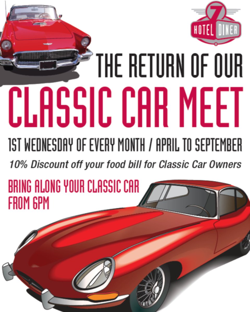 CLASSIC CAR AND BIKE MEET AT 7 DINER 
1st Wednesday of every month April - September
Come along any time from 6pm 
Classic Car Owners receive 10% off their food bill