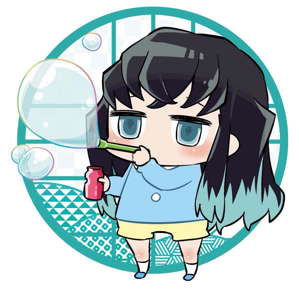 1boy male focus bubble blowing solo black hair chibi long hair  illustration images