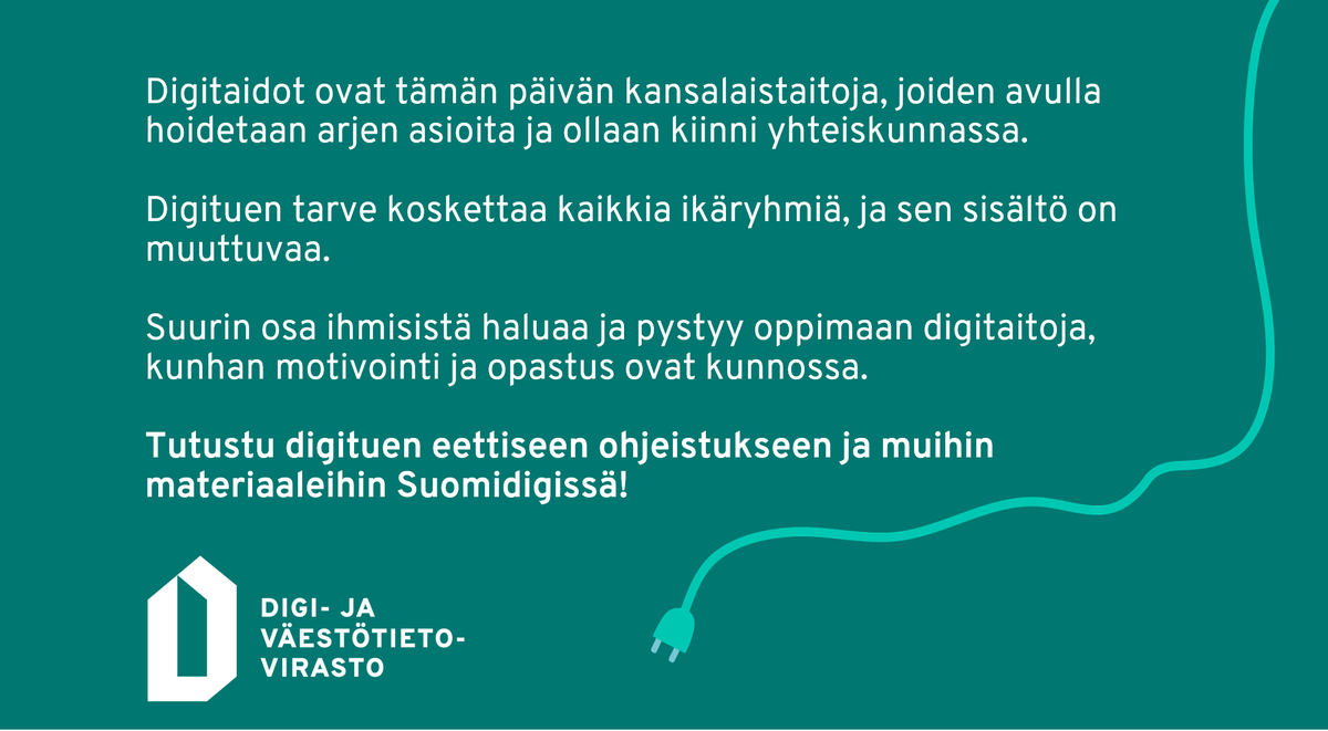 Digituen eettinen ohjeistus esittelee digituen antajan ja digituen saajan velvollisuudet. Tavoitteena on edistää turvallista ja laadukasta digitukea, joka toteutetaan molempien osapuolten yhteisymmärryksessä. Tutustu tarkemmin suomidigi.fi/ryhmat/digituk… #digituki #digitaidot