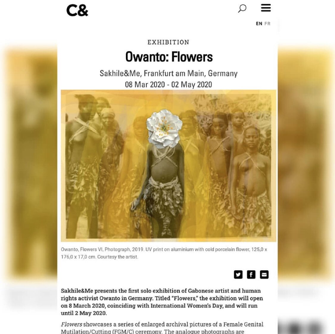 Voices1Thousand's tweet photo. On Saturday the 7th of March, please join us for a discussion @sakhileandme in #Frankfurt for the opening of “Flowers” exhibition by @Owanto2 (8 March - 2 May) coinciding with #internationalwomensday https://t.co/6q2I1ha4ug