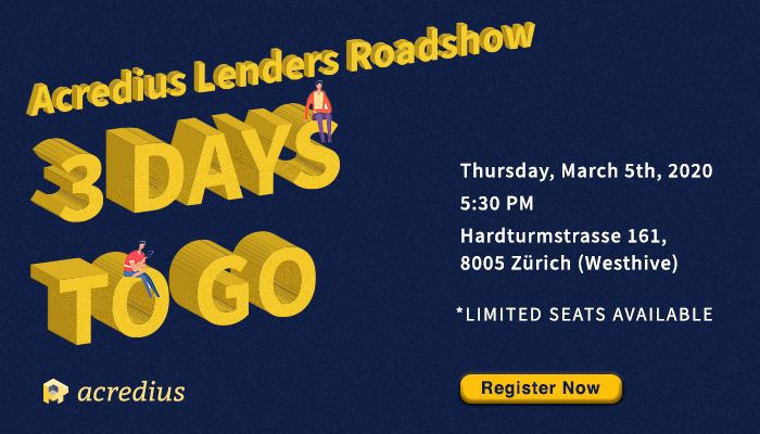 Acredius_AG's tweet image. 3 days to go until the Acredius Lenders Roadshow! Did you register?  
👉 buff.ly/2HZxUkS The event will be in Zurich at Westhive, on Thursday, March 5th, 2020. 
#investing #innovative #startupschweiz #switzerland #monday #finance #business #acredius #portfolio