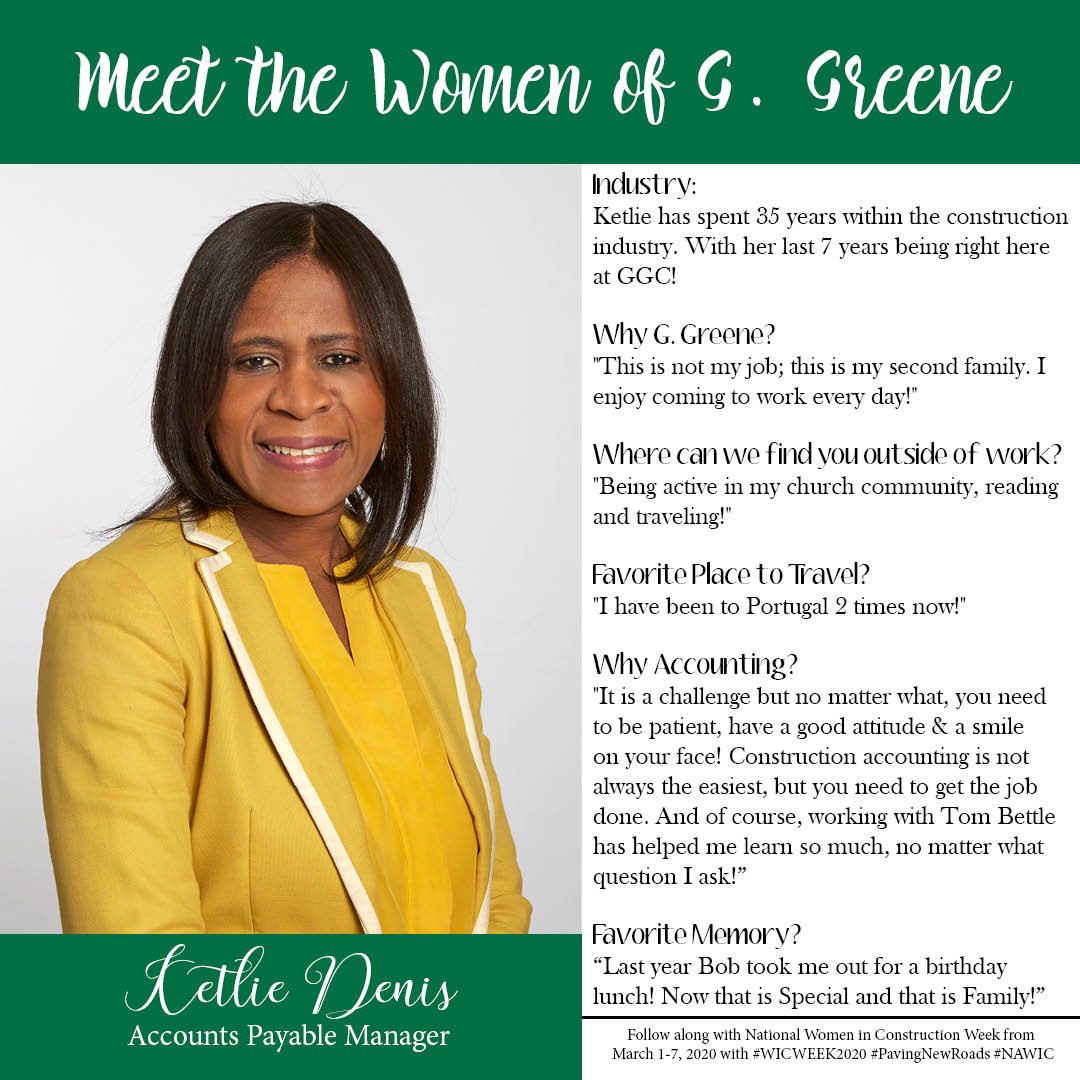 ggreeneconst's tweet photo. Let's celebrate #WICWEEK2020 by meeting the women of G. Greene: Ketlie Denis, Accounts Payable Manager at G. Greene Construction. Follow along all week on Facebook, Instagram, Twitter and LinkedIn! #GGreene #NAWIC #PavingNewRoads https://t.co/7YKQLXvxU1