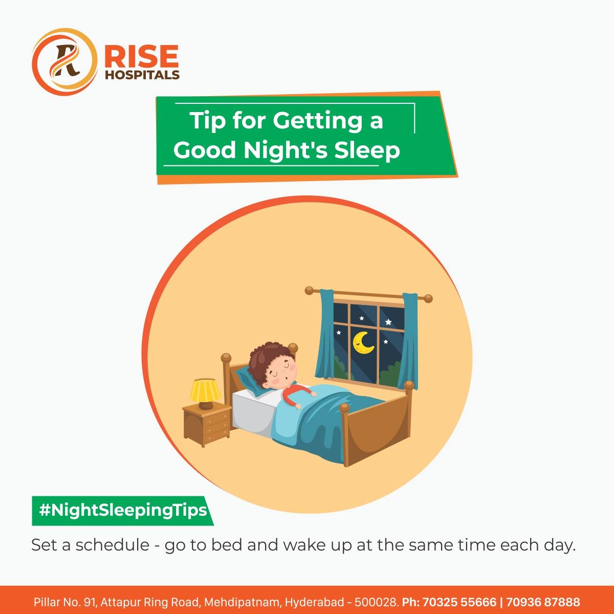 RiseHospitals's tweet photo. Tip for Getting a Good Night's Sleep:

Set a schedule - go to bed and wake up at the same time each day.

#Sleeping #SleepingProblems #Doctor #GoodSleep #SleepBetter #SleepingTips #GettingGoodSleep #NightSleepTips https://t.co/jwqVr8kDTM
