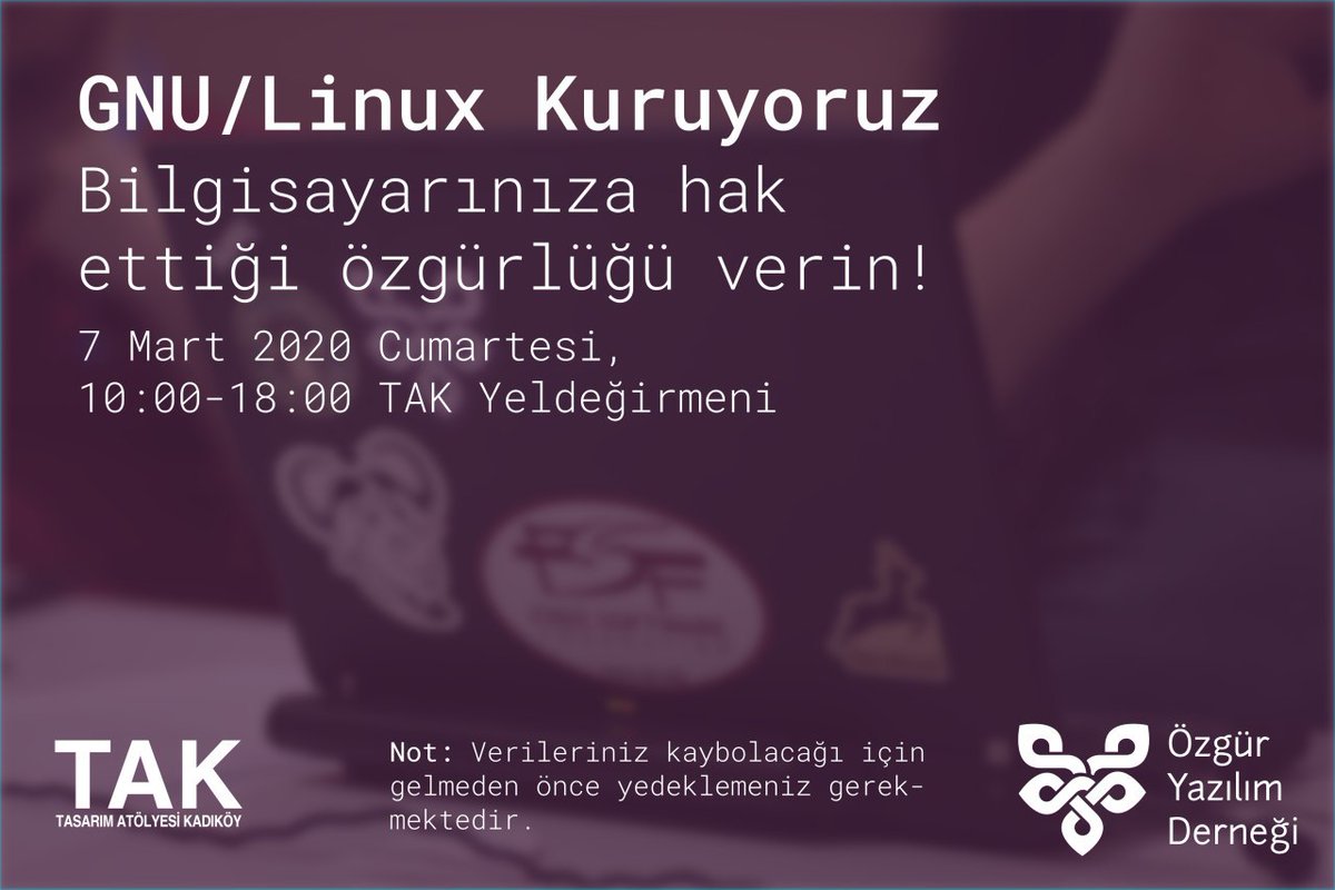 oydorgtr's tweet photo. İstanbul'da bir hayalet dolaşıyor, özgür yazılım hayaleti!

7 Mart Cumartesi günü @TAKadikoy 'de toplanıp bilgisayarlarımıza GNU/Linux kuruyoruz. Bilgisayarlarınızı alıp gelin. 👩🏽‍💻 🐧 https://t.co/gRvsucQ7xc